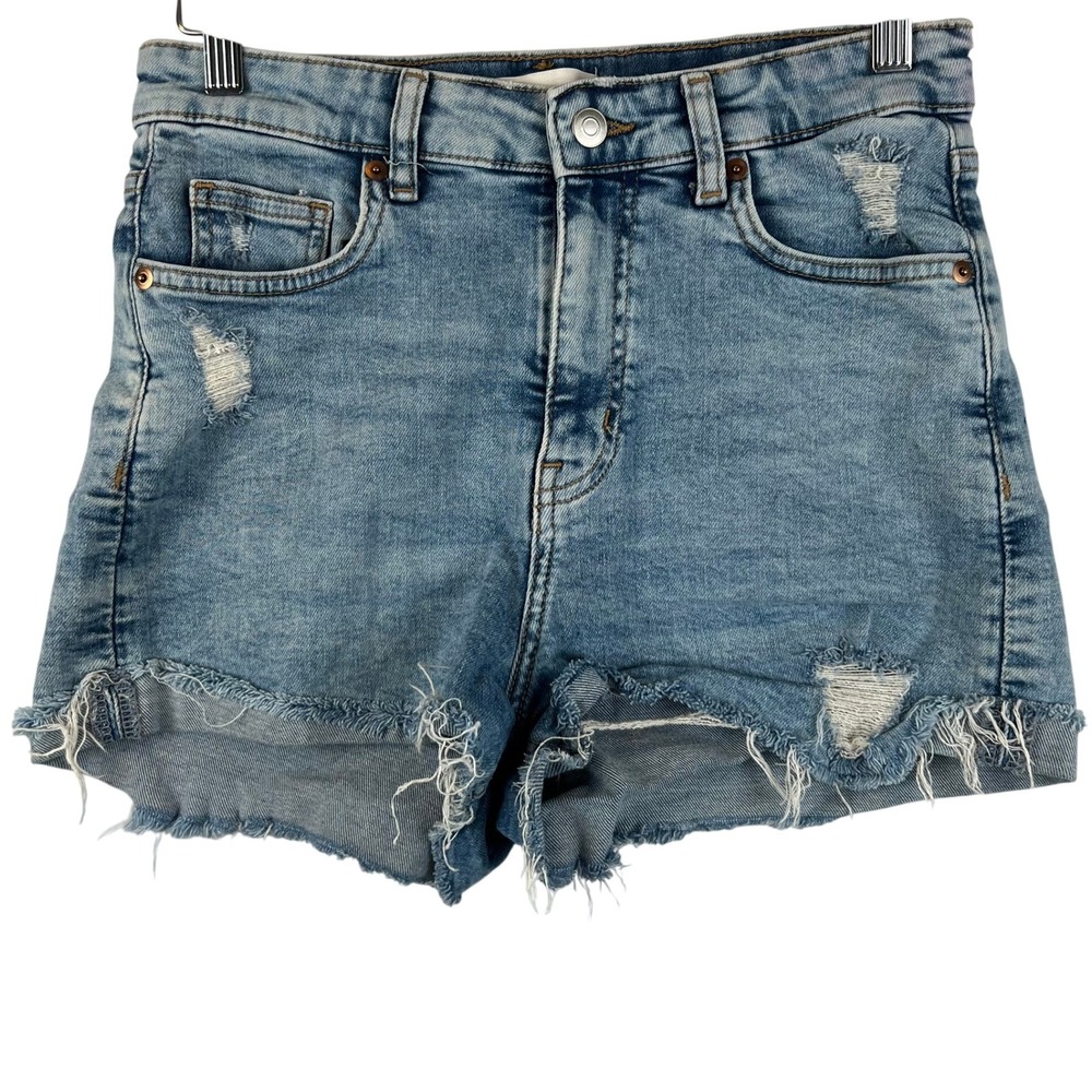 H&M Denim Shorts Womens 6 Distressed Raw Hem High Waist Blue Wash